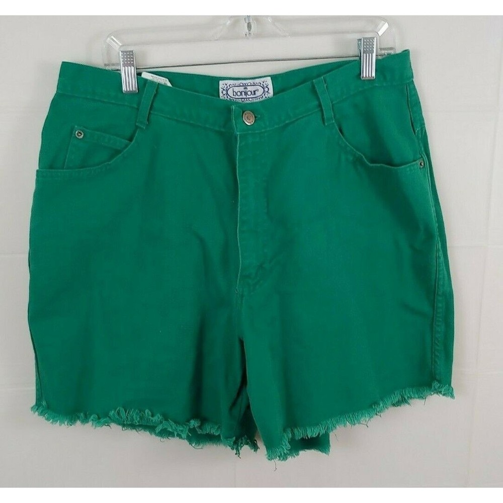 Vtg Bonjour HIgh Waist Mom Shorts 16W Green Denim Fringe Raw Hem Tag 20W XL 1X